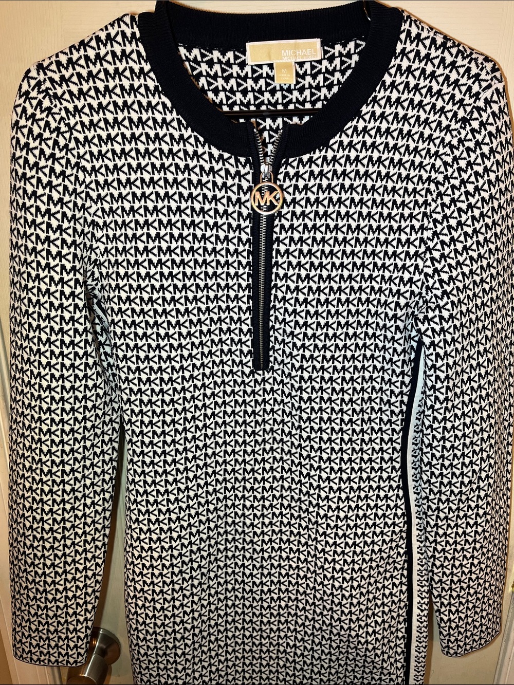 Michael Kors Black & White MK Logo Zip-Front Knit Dress - Picture 3 of 8